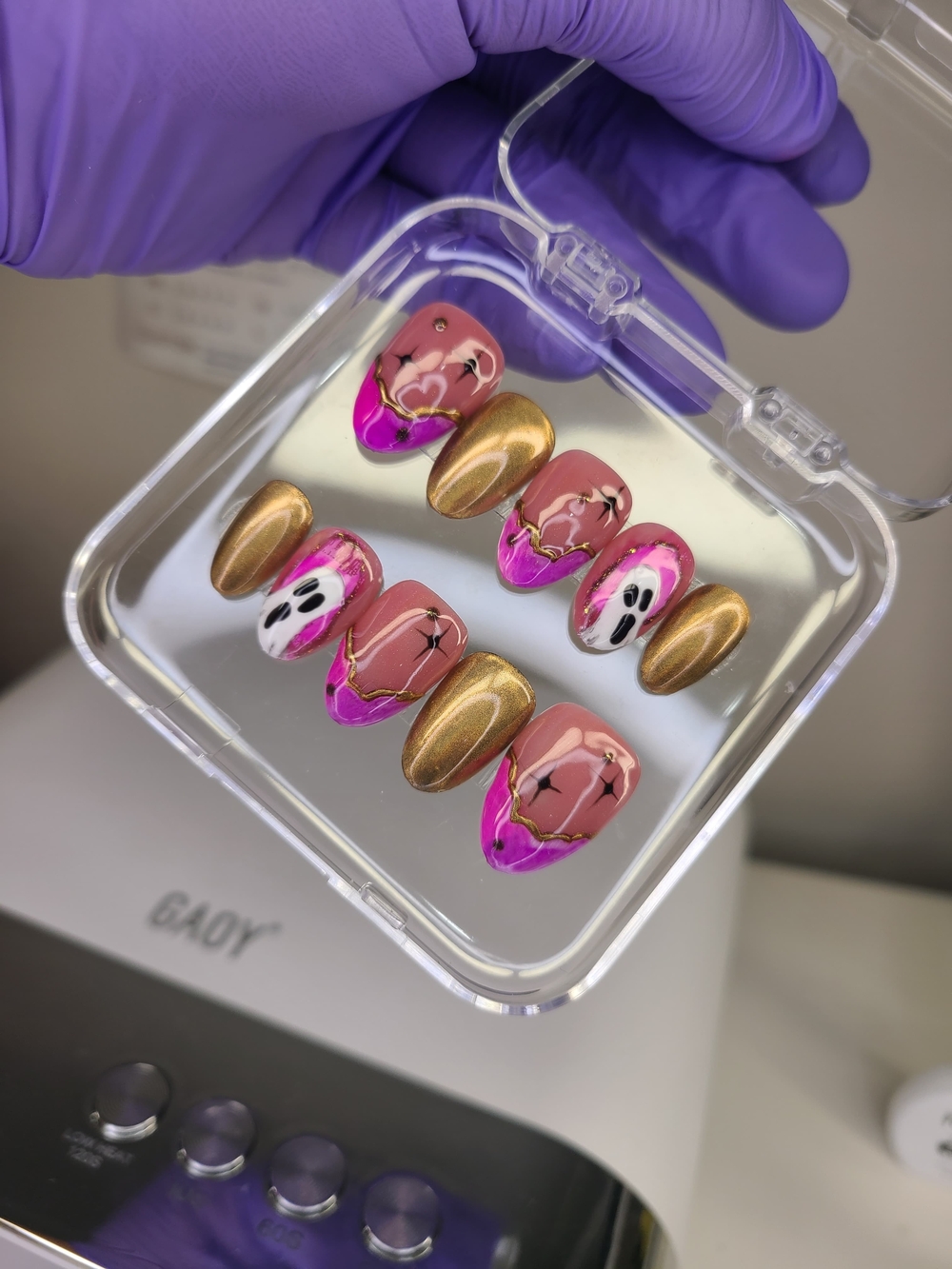 Size(M) Pink & Gold Halloween Nail Set – Press-On Nails...short almond shape!